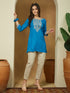 Janasya Women's Blue Rayon Embroidered Straight Short Kurti